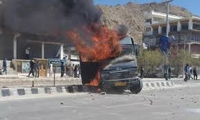 Protesters in Leh during violent clashes